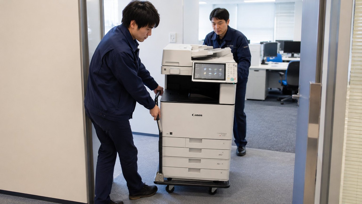 複合機を台車でオフィスへ搬入する自社スタッフ