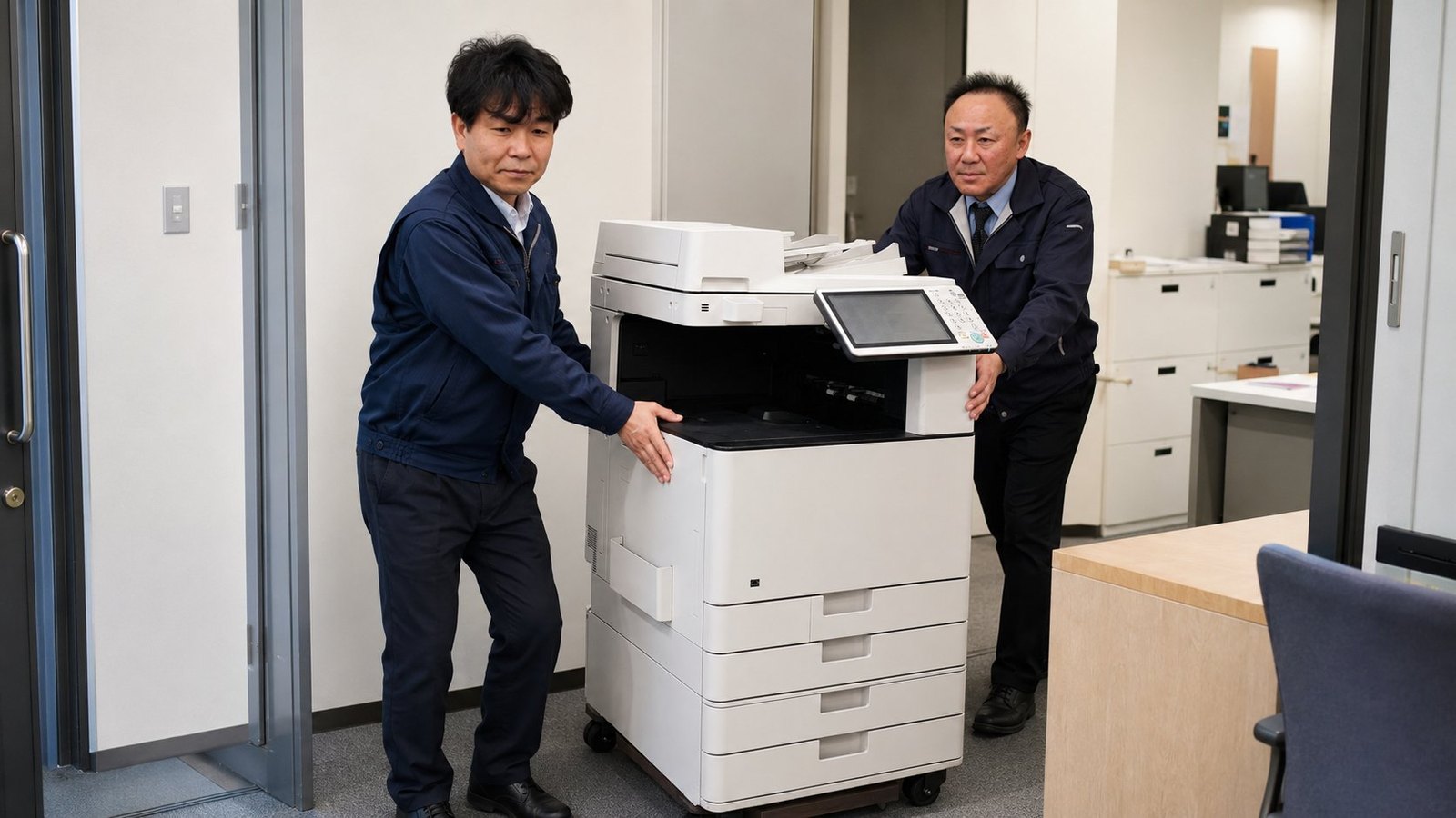 オフィスへ複合機を搬入する雷都コピーのスタッフ
